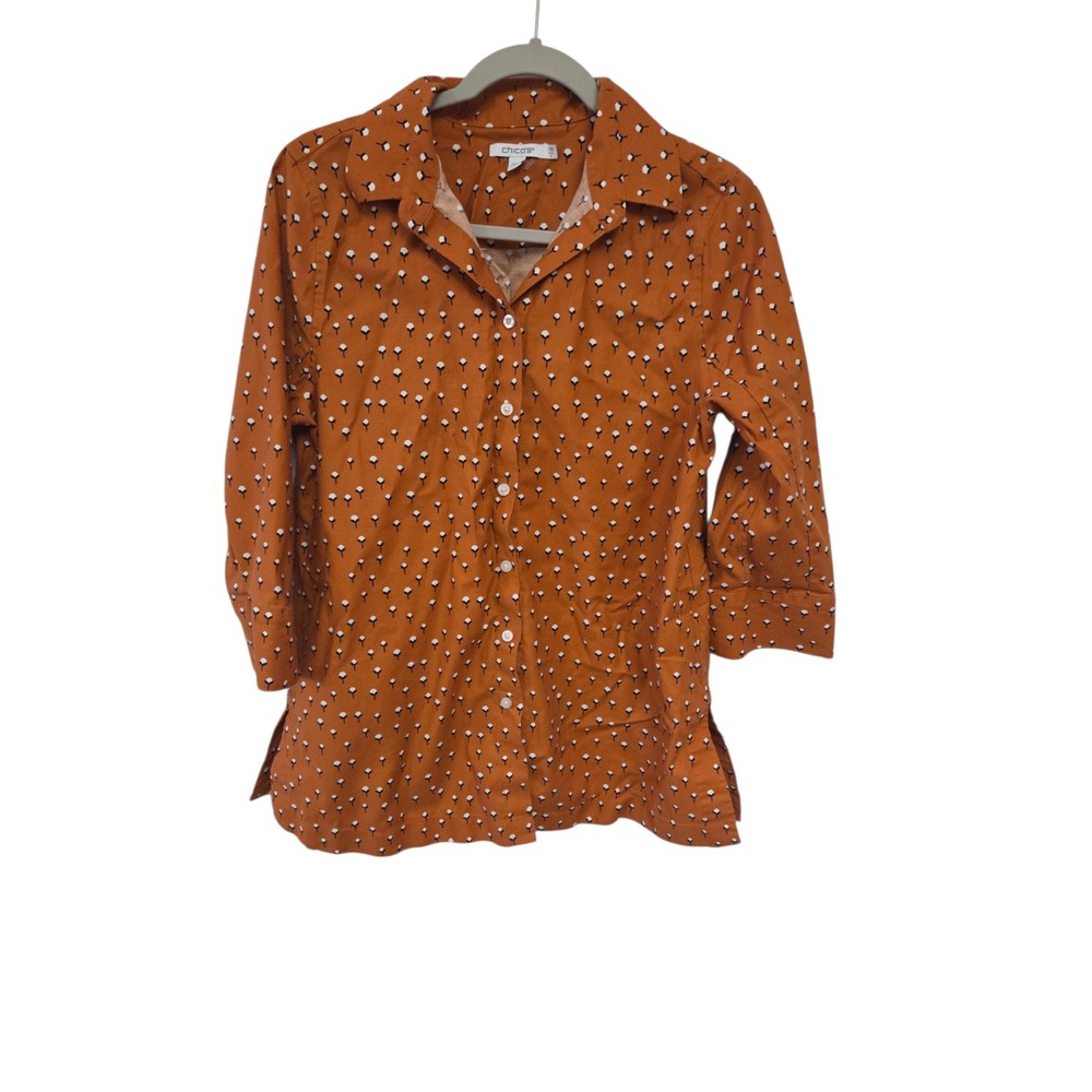 Chicos Burnt Orange Floral Print Button Down Shirt 3/4 Sleeve‎ Size 0.5 Small 6